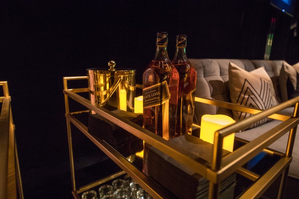 Lounge seating with whisky display at the Diageo F18 kickoff