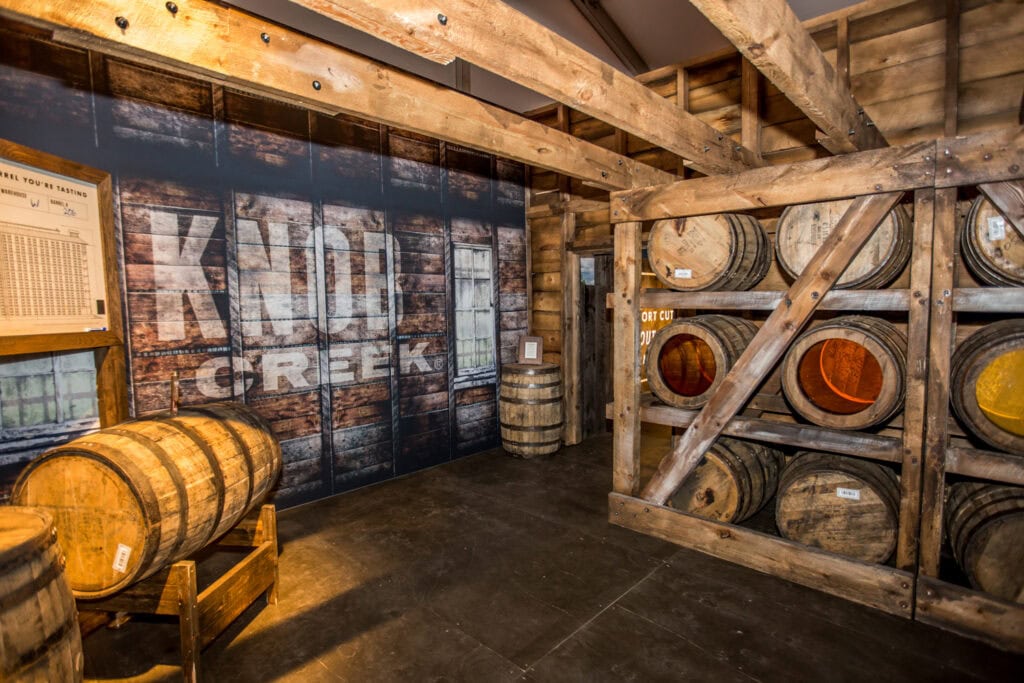 Barrel-room scenic built for a touring bourbon activation