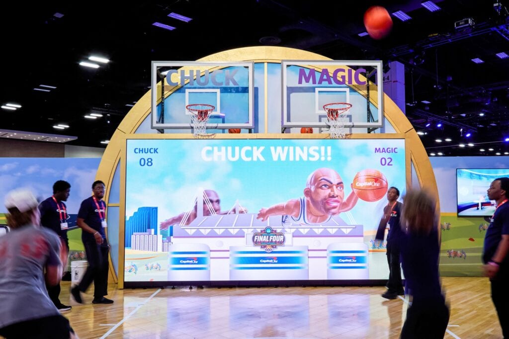 Side-by-side basketball shooting game on LED, Capital One San Antonio
