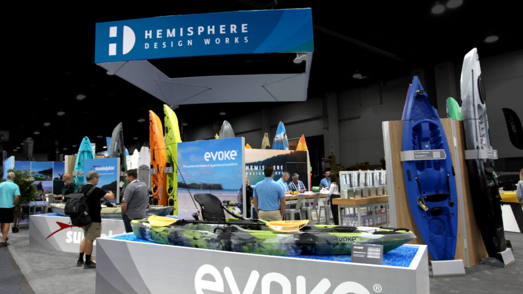 Hemisphere Design Works kayak exhibit at Outdoor Retailer in Denver, built by Cadence