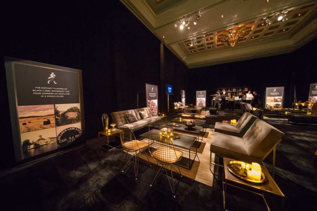Johnnie Walker lounge with branded panels and lounge seating at the Diageo Golden Bar Awards