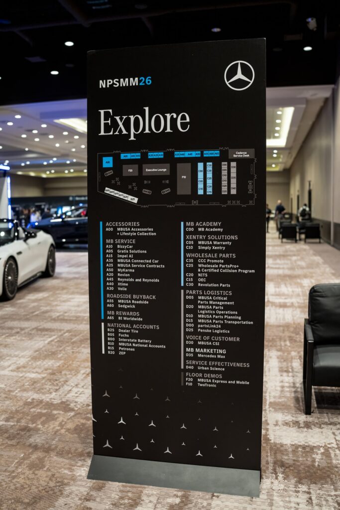 Mercedes-Benz NPSMM at Virgin Hotels Las Vegas — Explore wayfinding sign for the expo