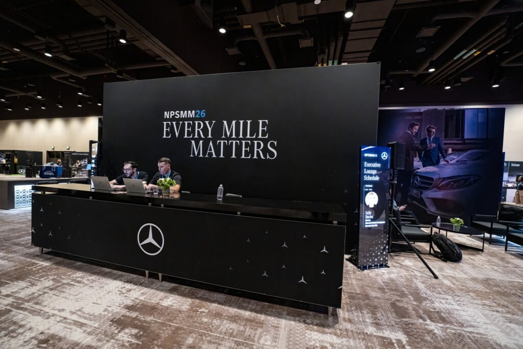 Mercedes-Benz NPSMM at Virgin Hotels Las Vegas — Every Mile Matters backwall and executive lounge desk