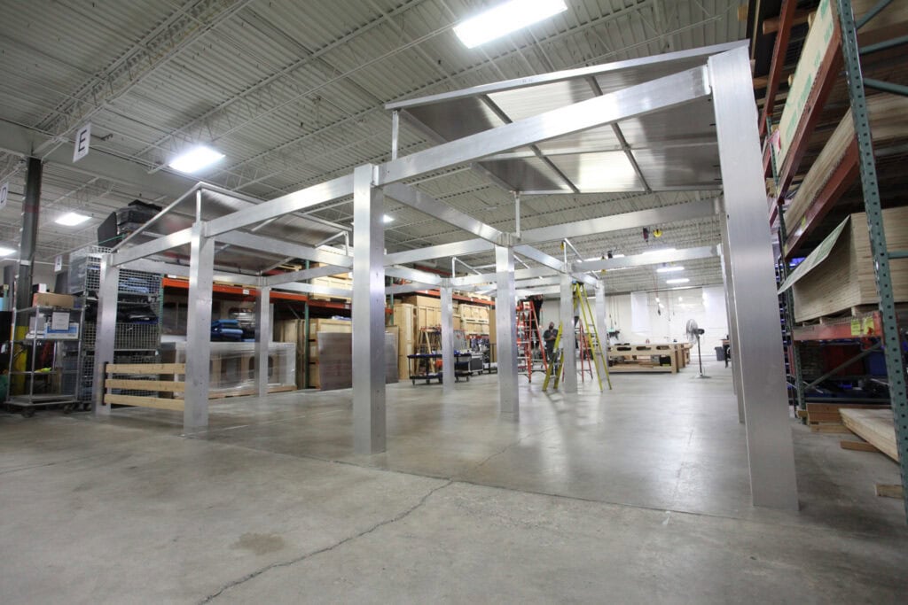 Aluminum frame for a touring festival lounge assembled in the Cadence shop