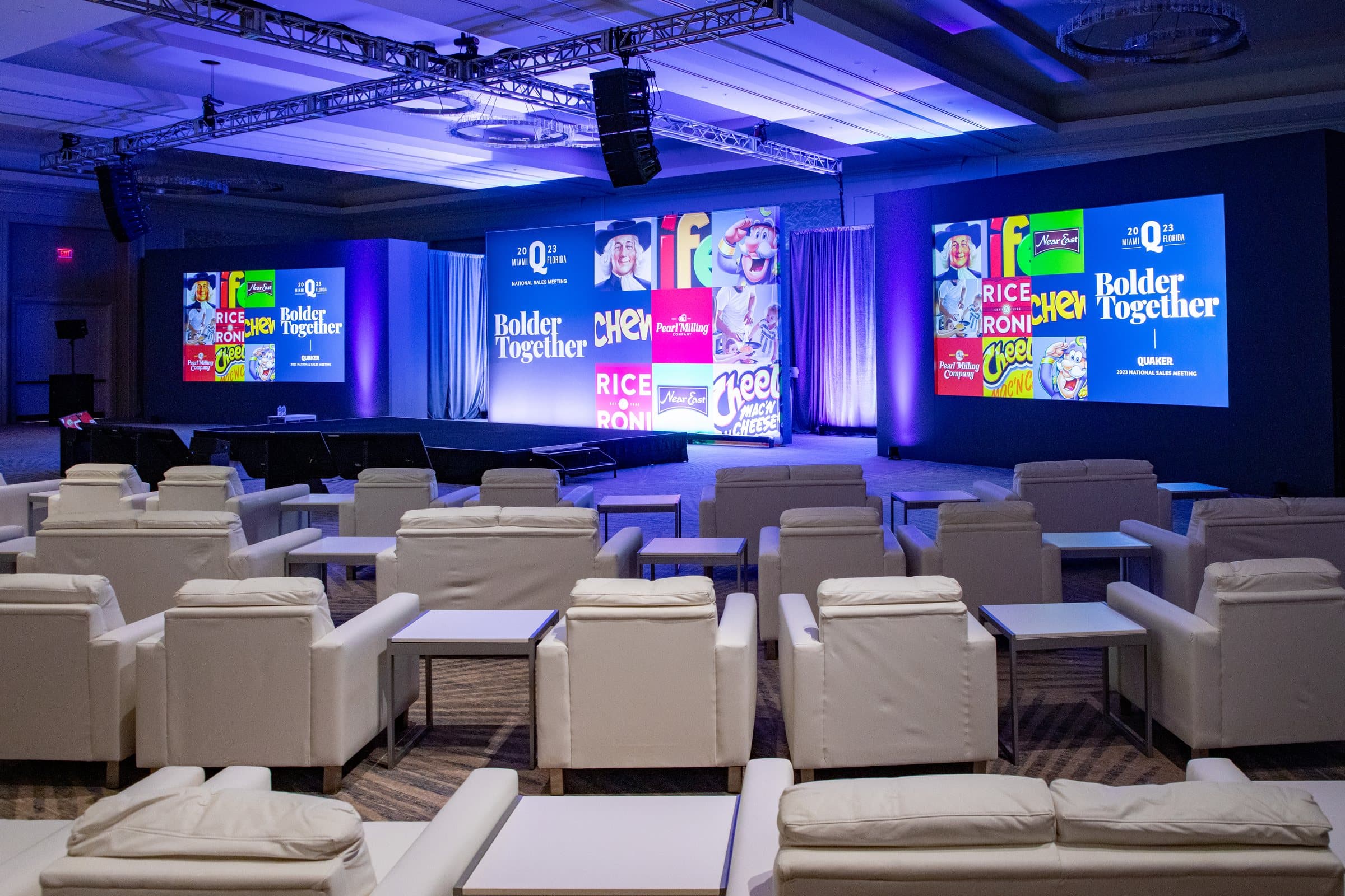 Quaker National Sales Meeting general session room with LED screens